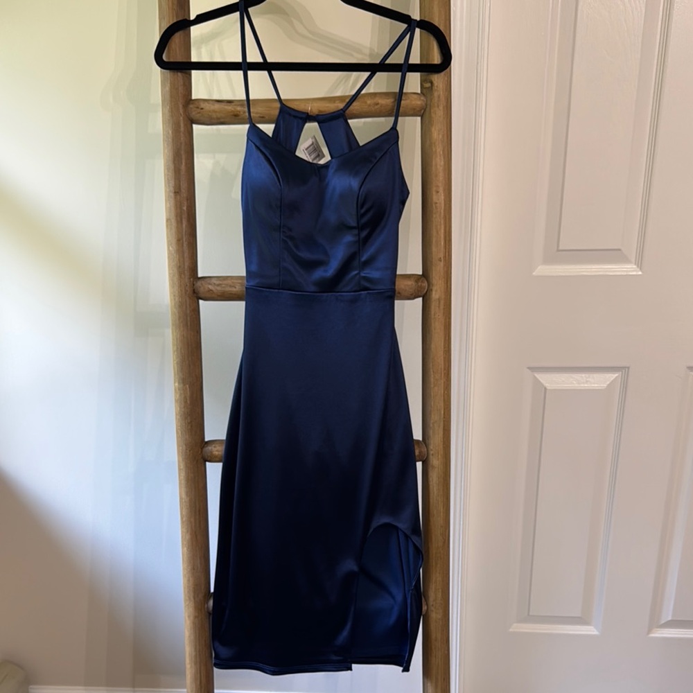 Elegant Navy Blue Spaghetti Strap Dress